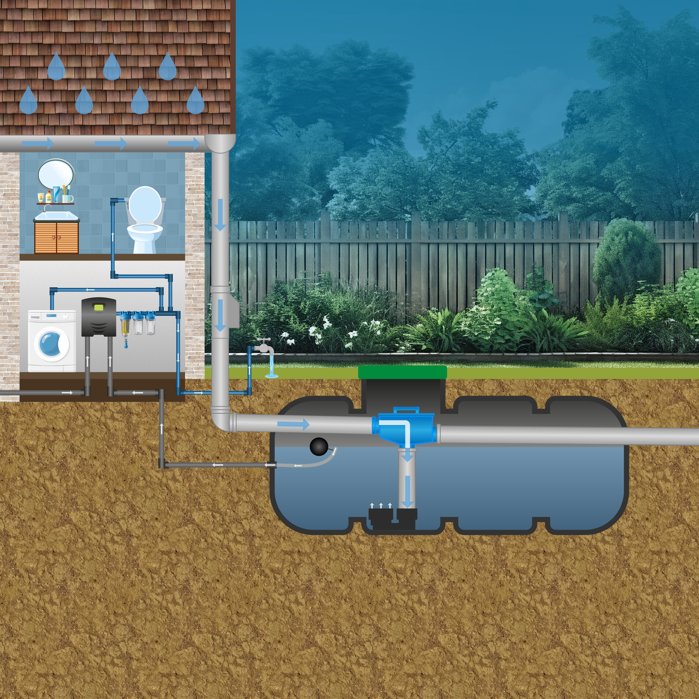 Schematische weergave van een regenwater hergebruiksysteem